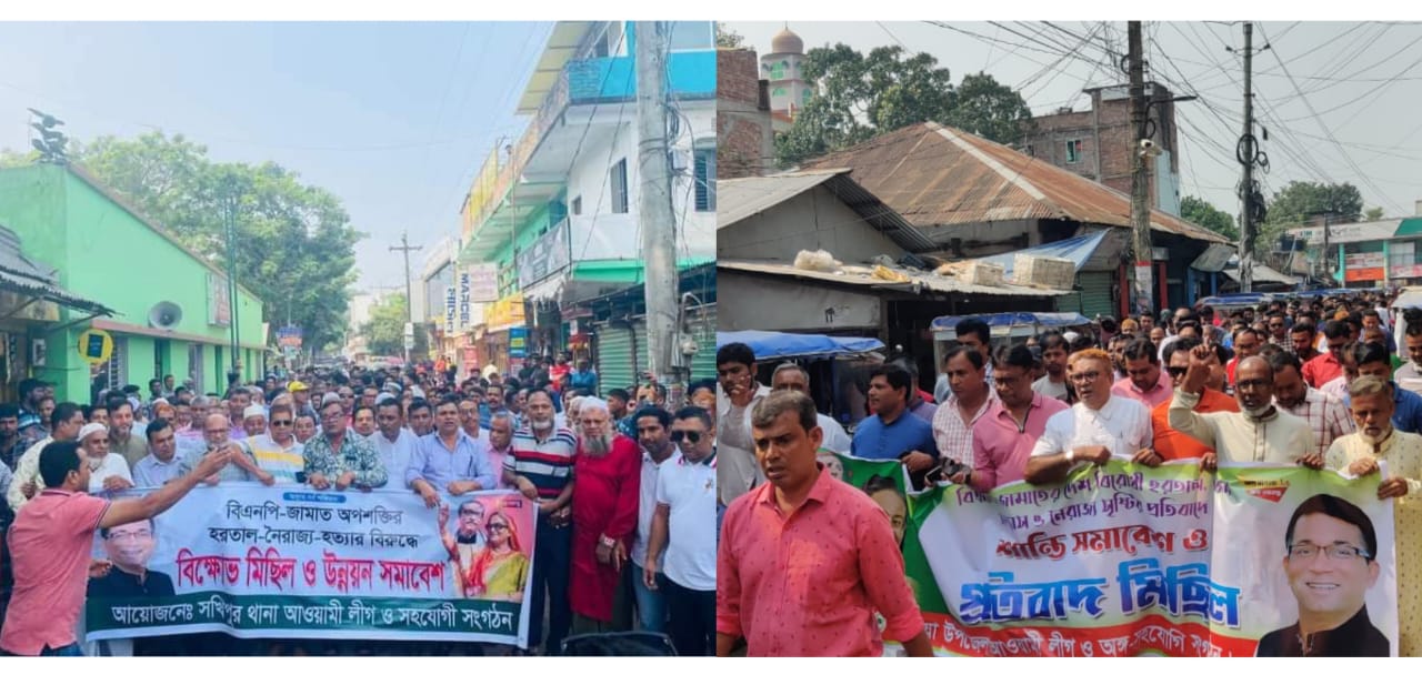 বিএনপির সন্ত্রাস ও নৈরাজ্যের প্রতিবাদে নড়িয়া-সখিপুরে আ.লীগের বিক্ষোভ মিছিল